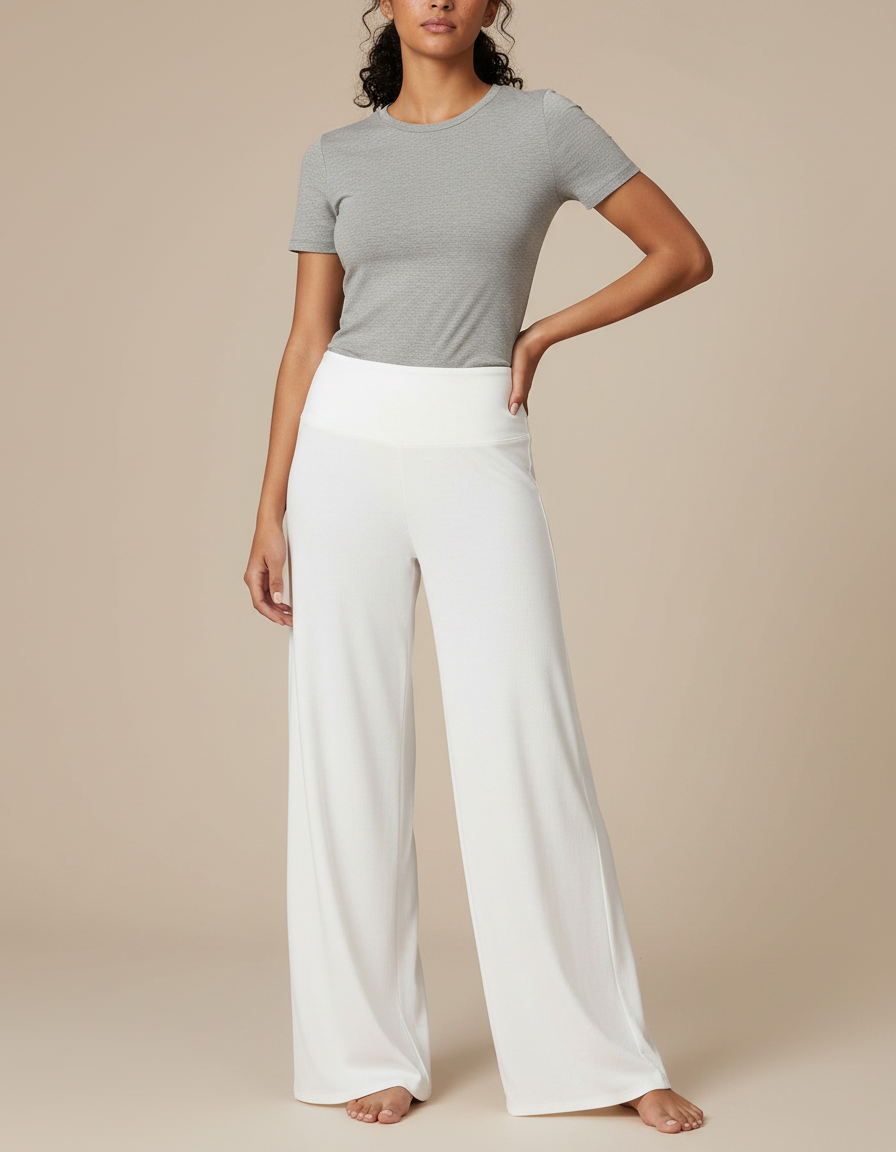Pantalon Fluide Blanc Ample Taille Haute Confortable - Maille