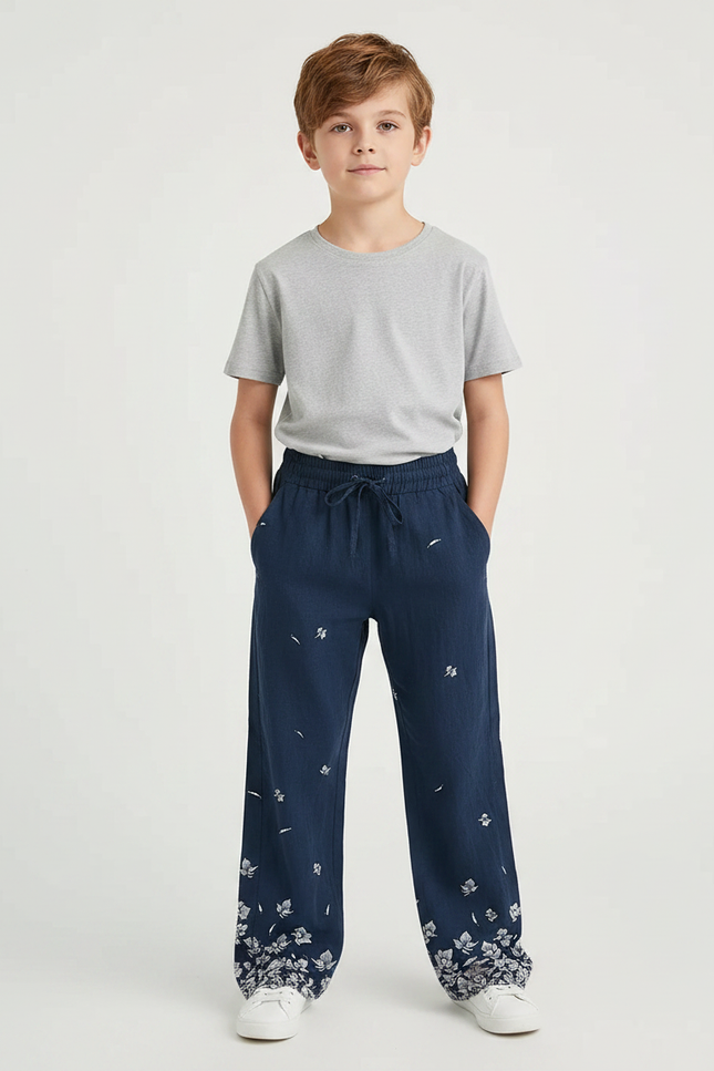 Pantalon Fluide Bleu Marine, Ample, Imprimé Floral, Confortable - Lin