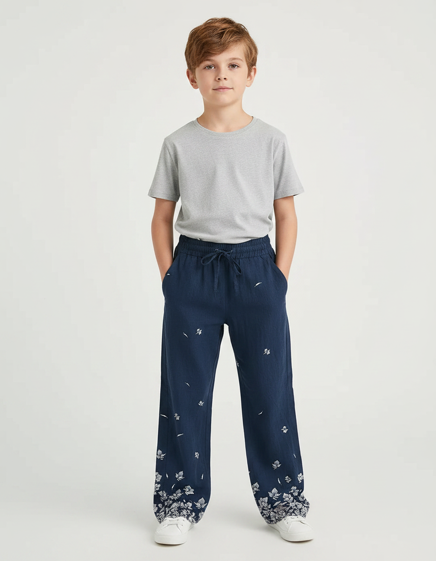 Pantalon Fluide Bleu Marine, Ample, Imprimé Floral, Confortable - Lin