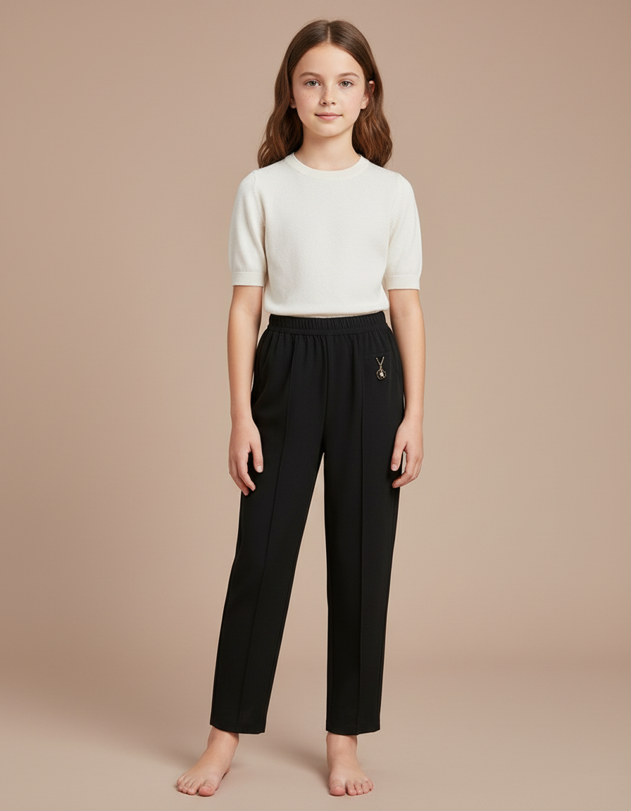 Pantalon Fluide Fille Noir Droit - Polyester