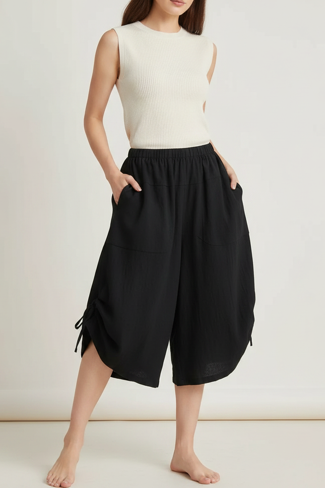 Pantalon Fluide Noir Ample Coton Taille Haute Décontracté - Lin