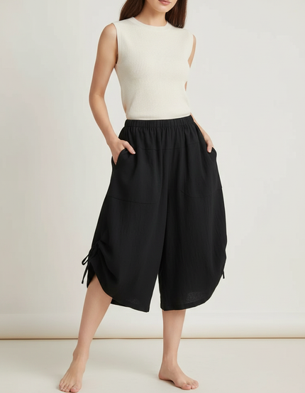 Pantalon Fluide Noir Ample Coton Taille Haute Décontracté - Lin