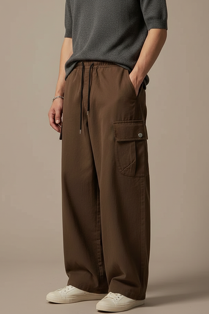Pantalon Fluide Cargo Marron Ample Décontracté Coton