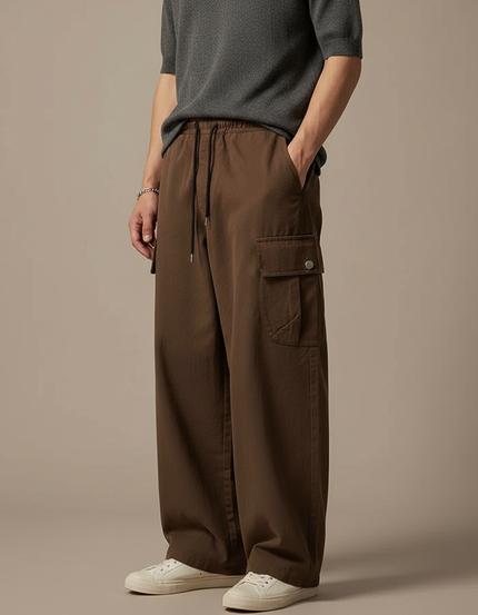 Pantalon Fluide Cargo Marron Ample Décontracté Coton