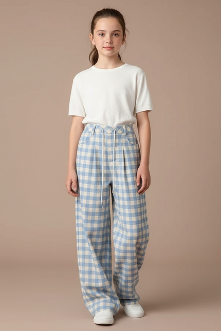 Pantalon Fluide Carreaux Bleus Ample Taille Haute - Tweed