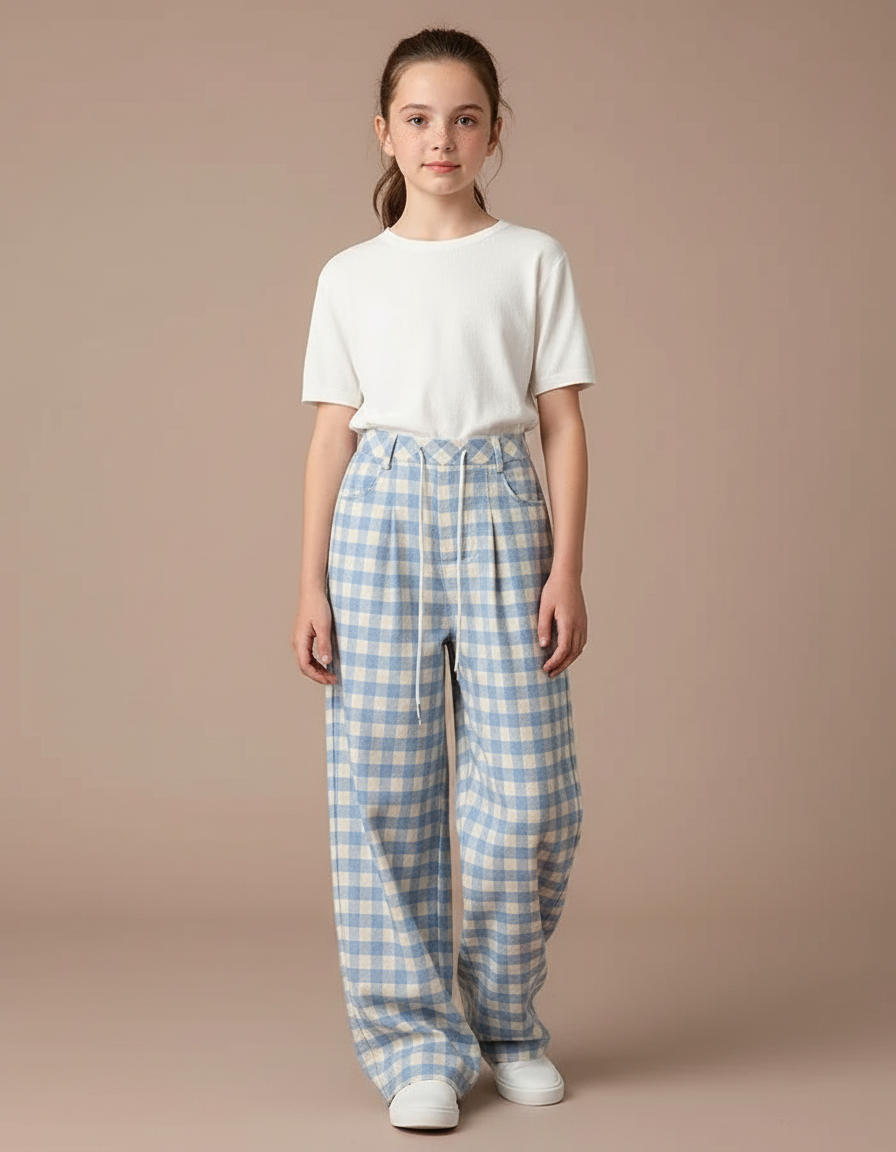 Pantalon Fluide Carreaux Bleus Ample Taille Haute - Tweed