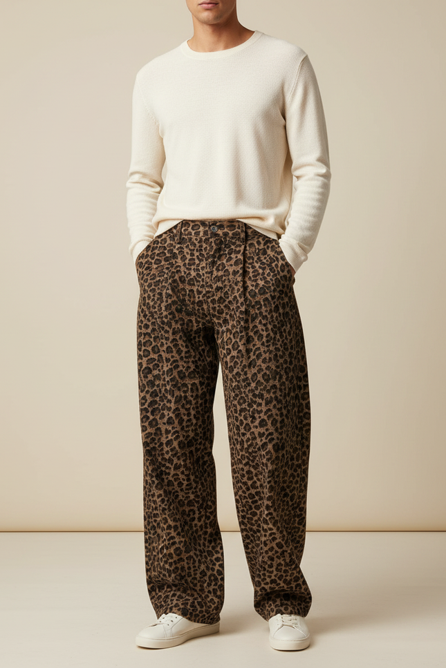 Pantalon Fluide Léopard Marron Ample Décontracté Homme - Viscose