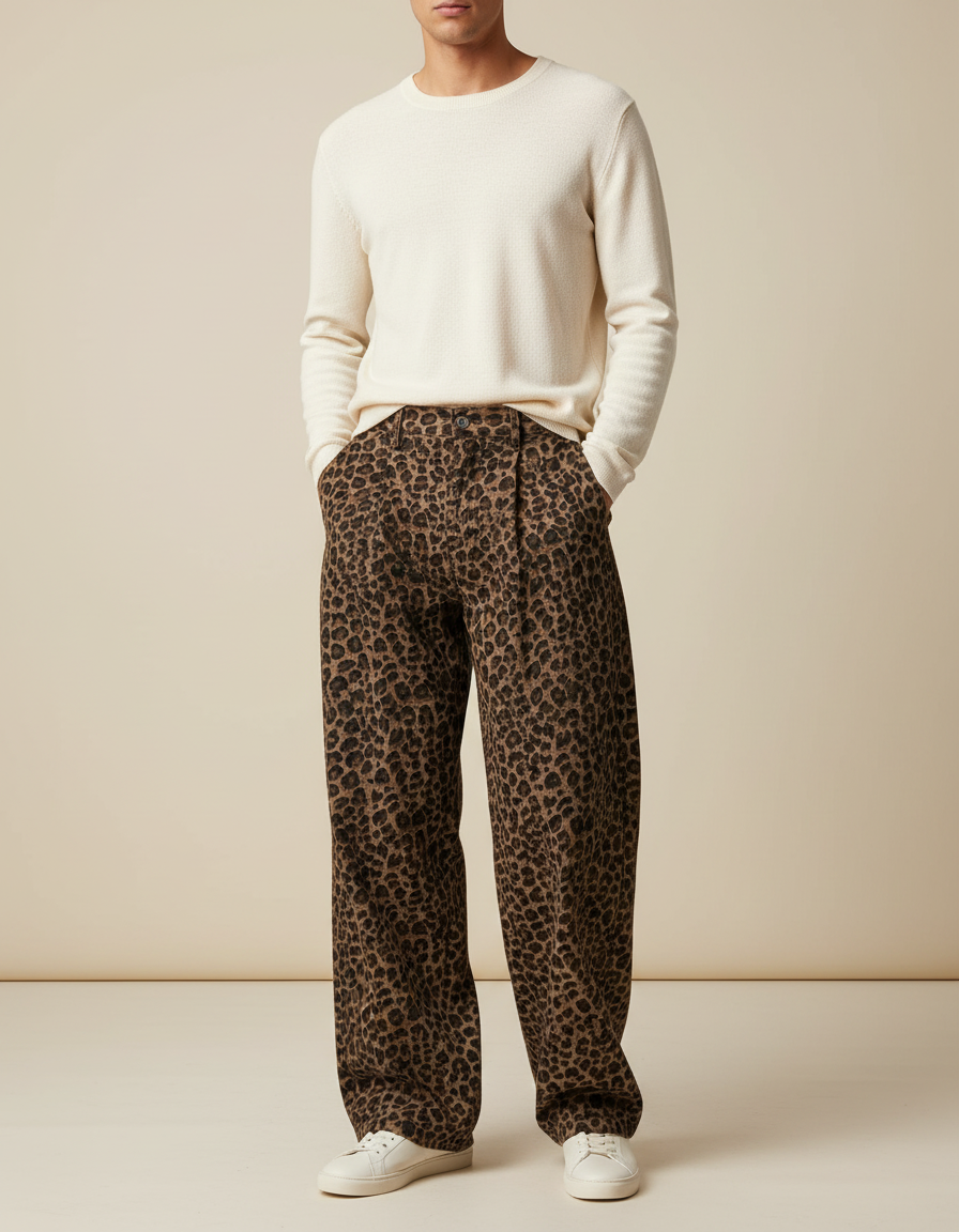 Pantalon Fluide Léopard Marron Ample Décontracté Homme - Viscose