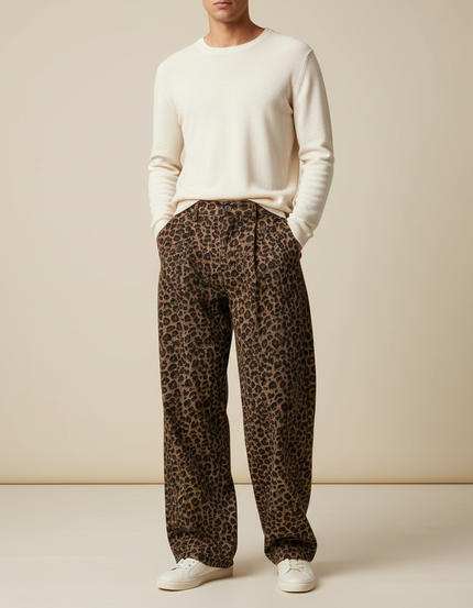 Pantalon Fluide Léopard Marron Ample Décontracté Homme - Viscose