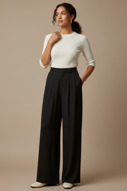 Pantalon Fluide Noir Ample Taille Haute Plissé Élégant Femme - Polyester