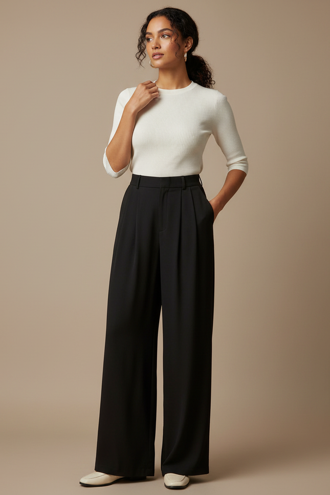 Pantalon Fluide Noir Ample Taille Haute Plissé Élégant Femme - Polyester