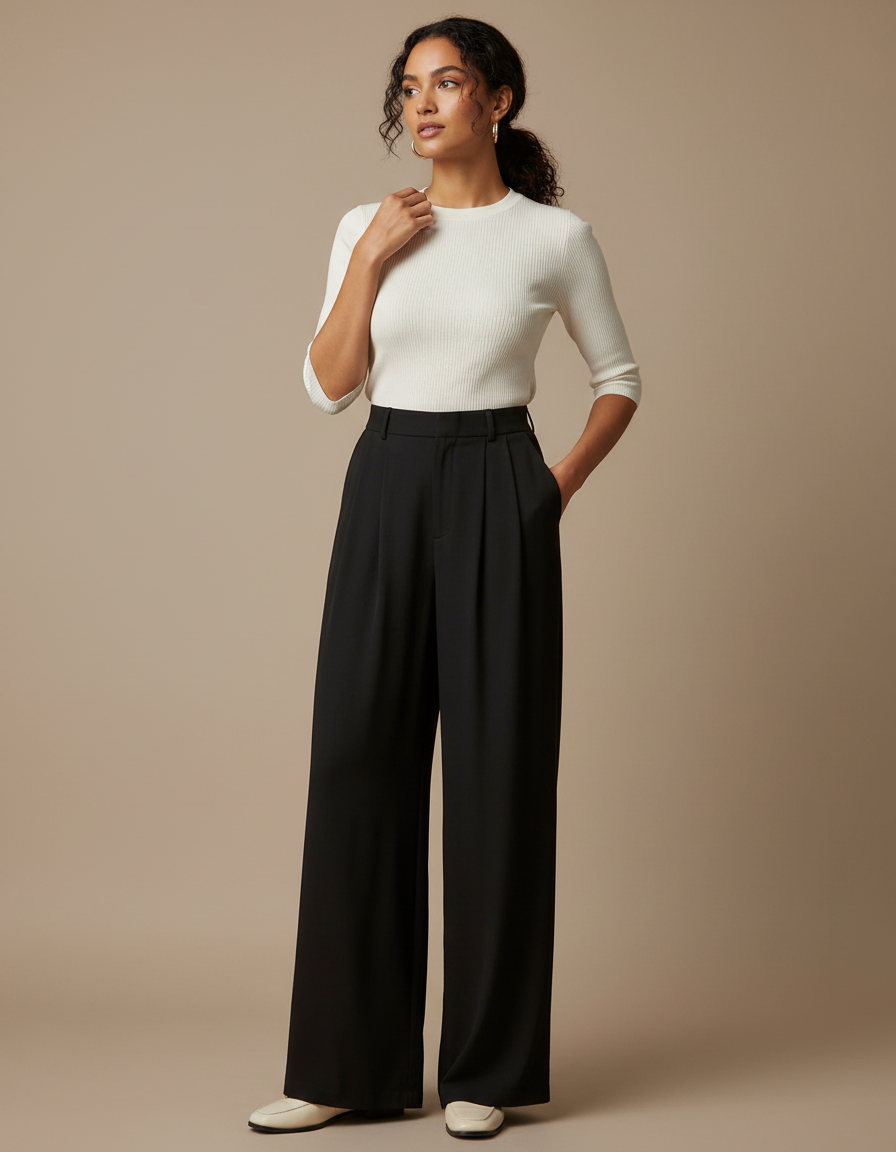 Pantalon Fluide Noir Ample Taille Haute Plissé Élégant Femme - Polyester