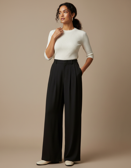 Pantalon Fluide Noir Ample Taille Haute Plissé Élégant Femme - Polyester