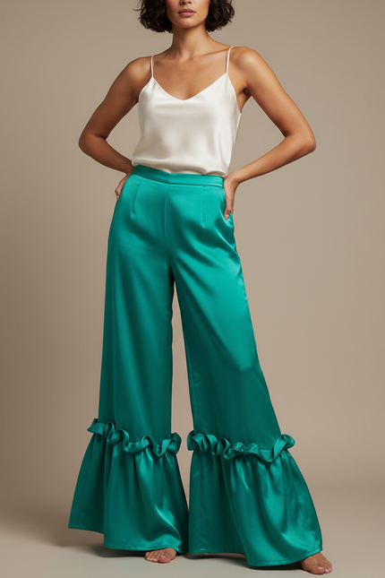 Pantalon Fluide Vert Émeraude Satin Volants Ample