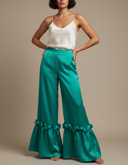Pantalon Fluide Vert Émeraude Satin Volants Ample
