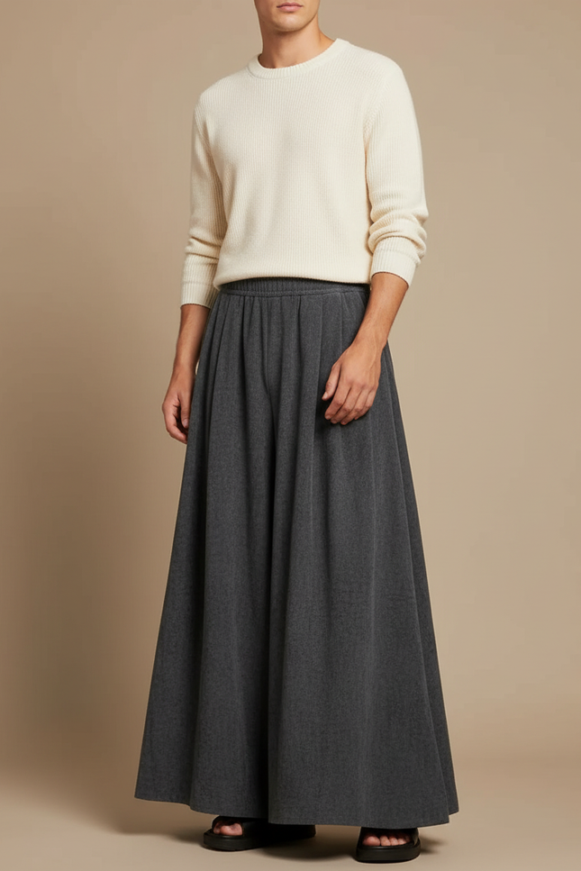 Pantalon Fluide Gris Ample Plissé Viscose Minimaliste