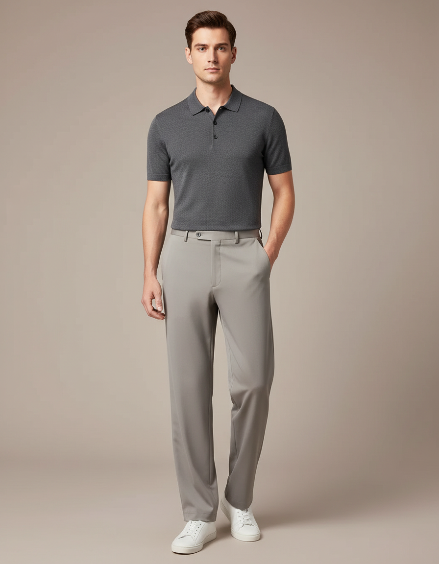 Pantalon Fluide Gris Clair Droit Extensible Homme Décontracté - Polyester