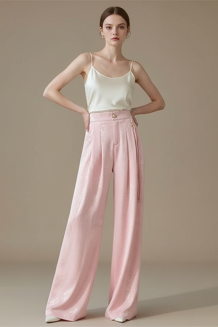 Pantalon Fluide Rose Jacquard Satin Ample Élégant