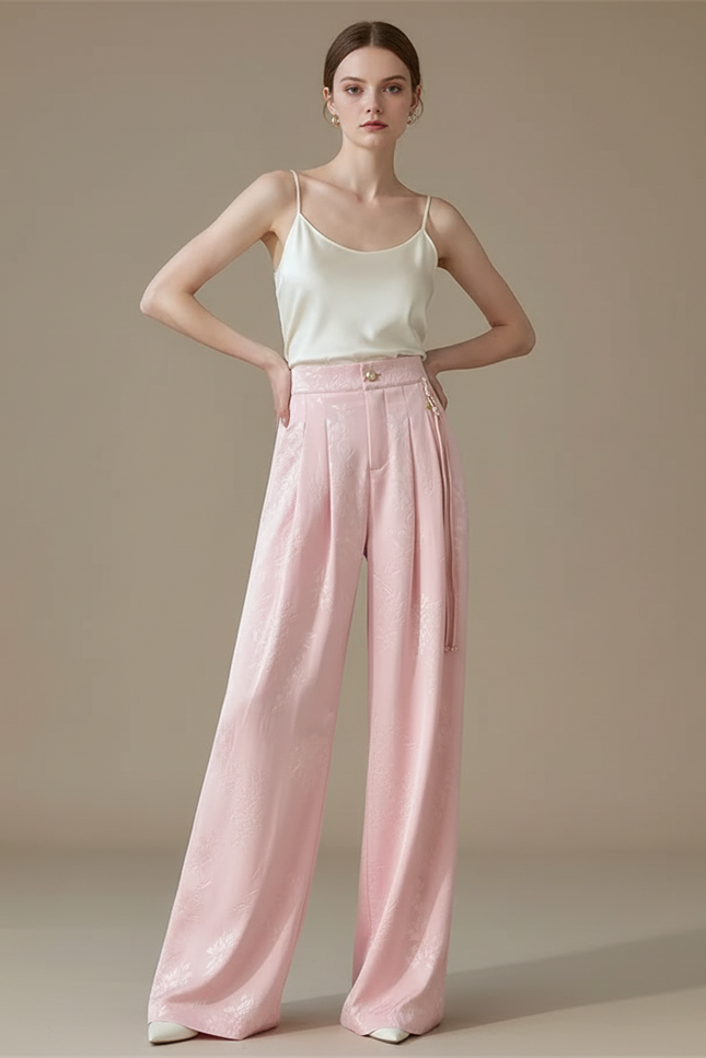 Pantalon Fluide Rose Jacquard Satin Ample Élégant