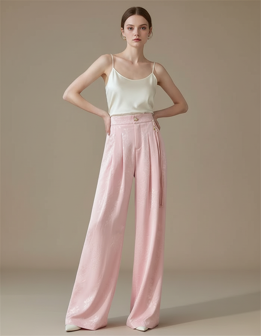Pantalon Fluide Rose Jacquard Satin Ample Élégant
