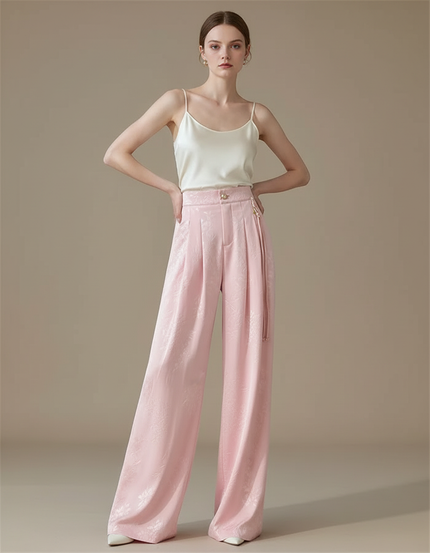 Pantalon Fluide Rose Jacquard Satin Ample Élégant
