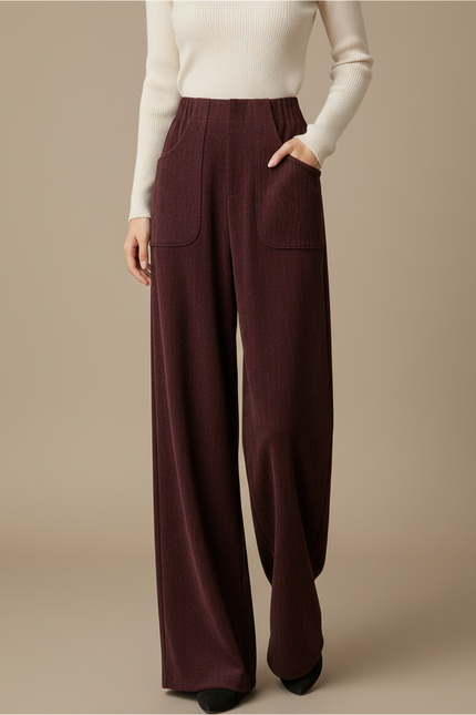 Pantalon Fluide Bordeaux Côtelé Ample Taille Haute Poches - Cordé