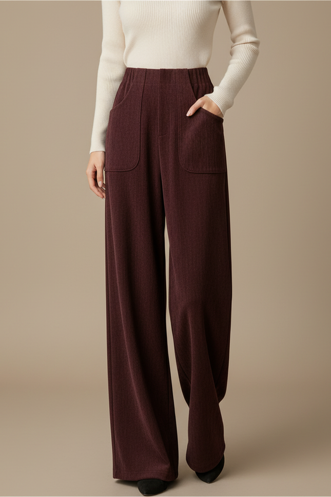 Pantalon Fluide Bordeaux Côtelé Ample Taille Haute Poches - Cordé