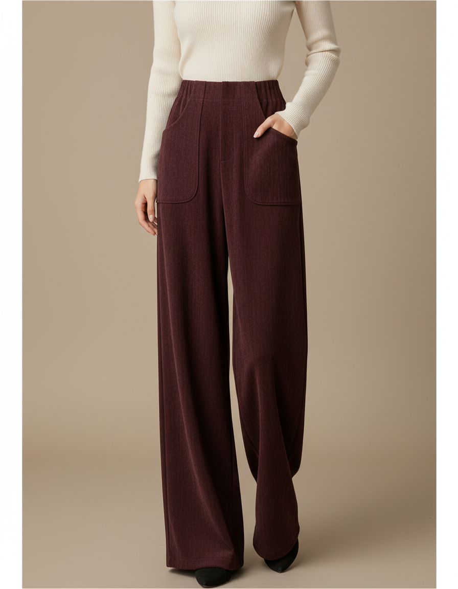 Pantalon Fluide Bordeaux Côtelé Ample Taille Haute Poches - Cordé