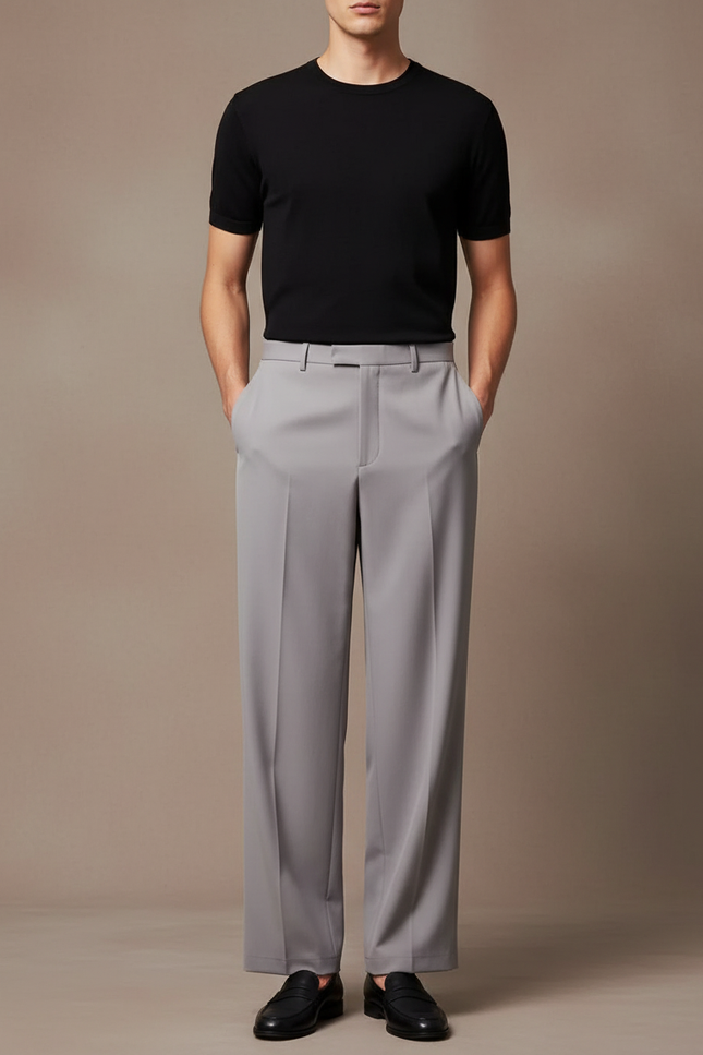 Pantalon Fluide Gris Droit Homme Élégant Décontracté - Polyester