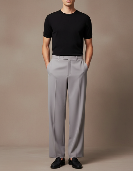 Pantalon Fluide Gris Droit Homme Élégant Décontracté - Polyester