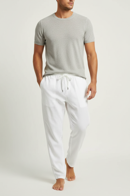 Pantalon Fluide Blanc Lin Coton Décontracté Droit Homme