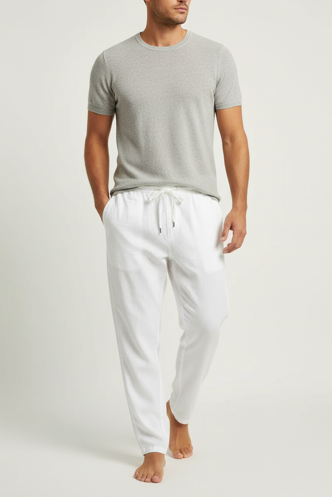 Pantalon Fluide Blanc Lin Coton Décontracté Droit Homme