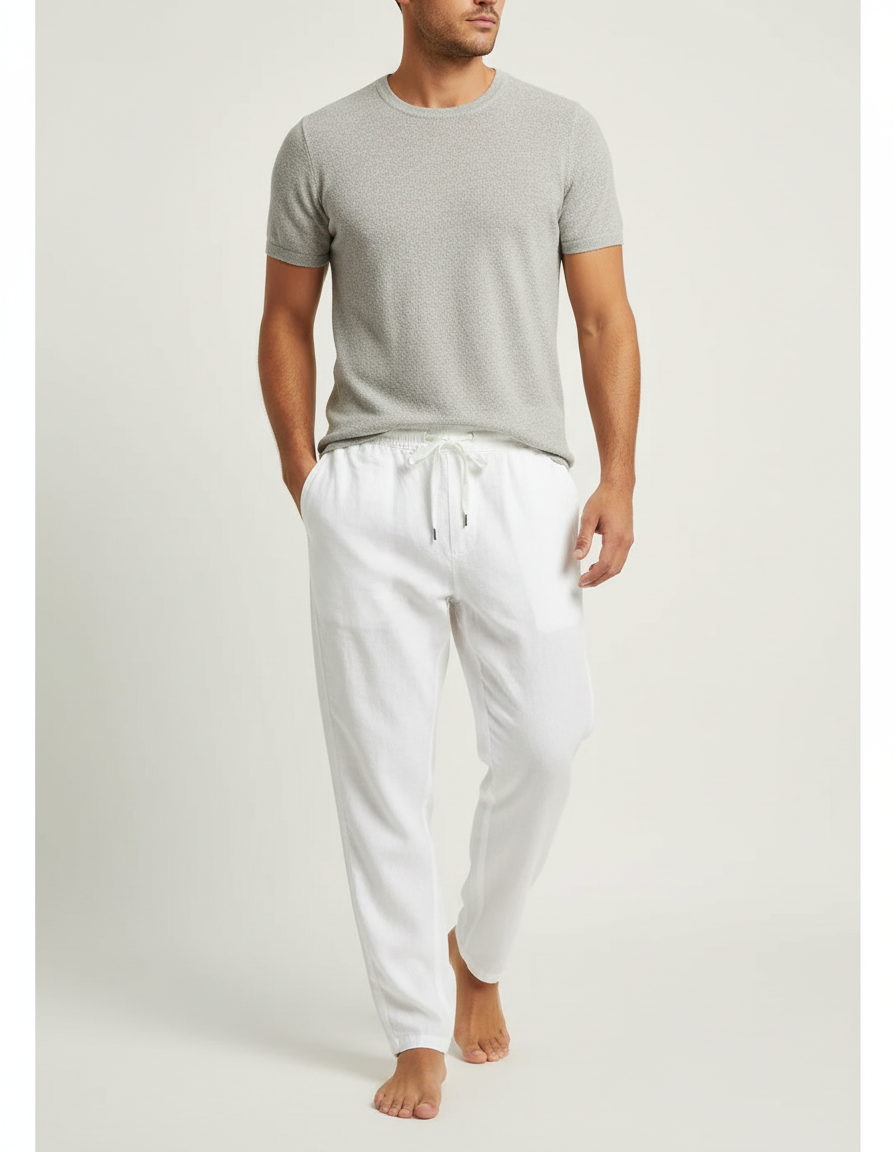 Pantalon Fluide Blanc Lin Coton Décontracté Droit Homme