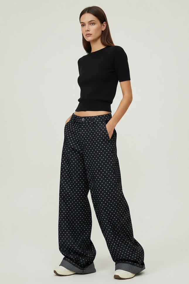 Pantalon Fluide Noir Ample Pois Décontracté Femme - Viscose