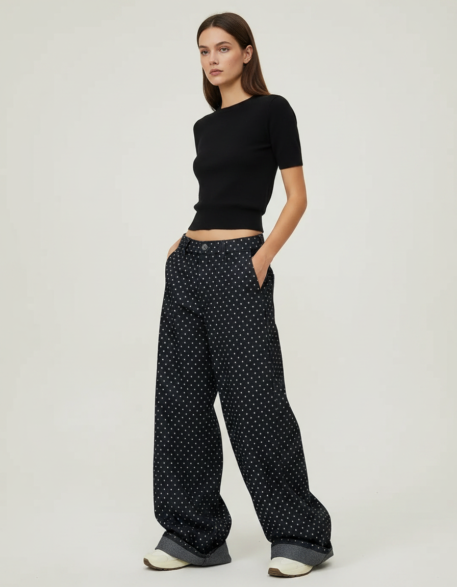 Pantalon Fluide Noir Ample Pois Décontracté Femme - Viscose
