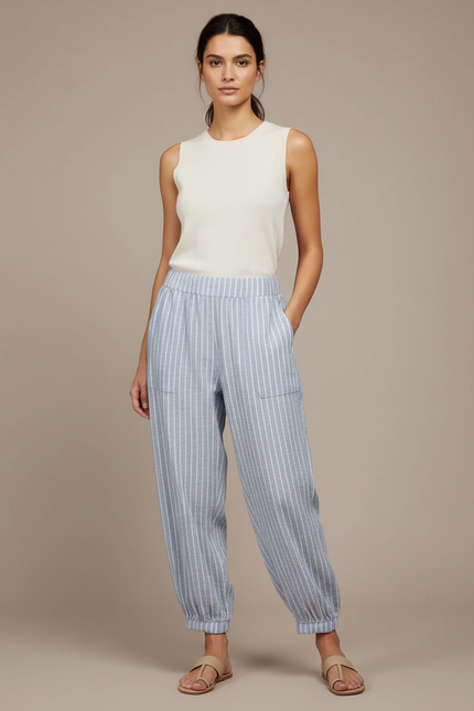 Pantalon Fluide Rayé Bleu Blanc Ample Confortable Coton - Lin