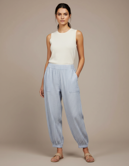 Pantalon Fluide Rayé Bleu Blanc Ample Confortable Coton - Lin