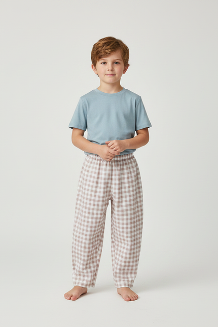 Pantalon Fluide Carreaux Marron Blanc Ample Coton Enfant