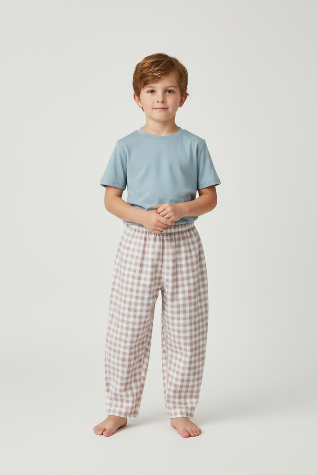 Pantalon Fluide Carreaux Marron Blanc Ample Coton Enfant