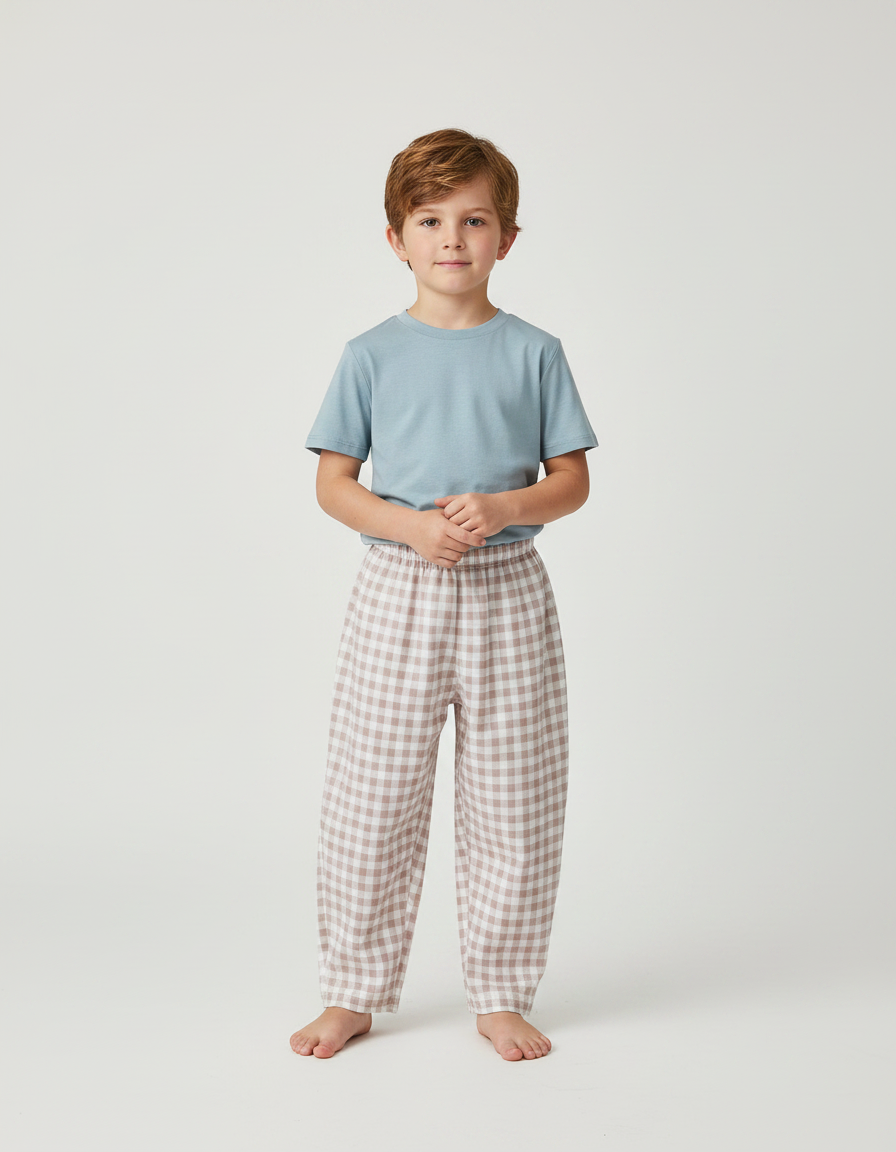Pantalon Fluide Carreaux Marron Blanc Ample Coton Enfant