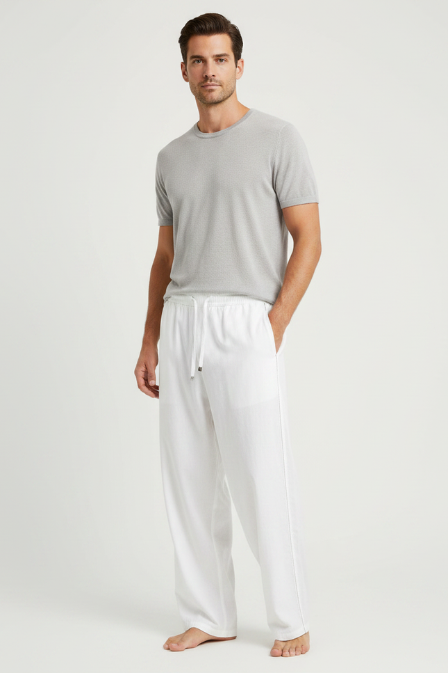 Pantalon Fluide Blanc Ample Lin Décontracté Homme Cordon