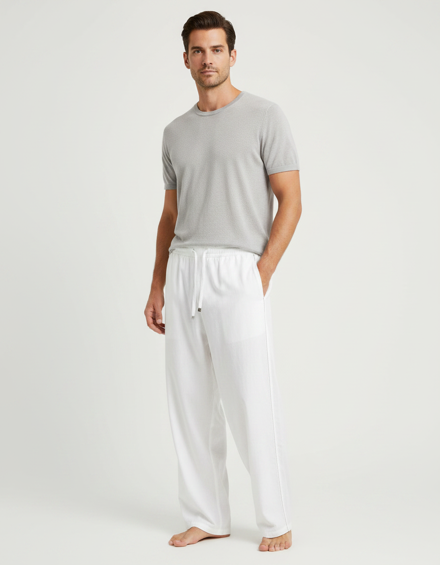 Pantalon Fluide Blanc Ample Lin Décontracté Homme Cordon