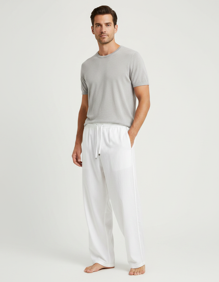 Pantalon Fluide Blanc Ample Lin Décontracté Homme Cordon