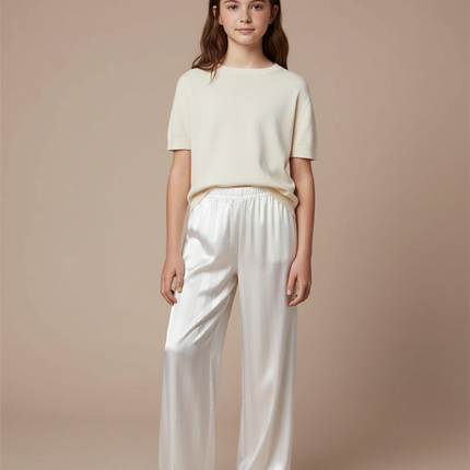 Pantalon Fluide Blanc Rayé Satiné Ample Fille