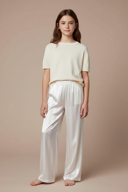 Pantalon Fluide Blanc Rayé Satiné Ample Fille
