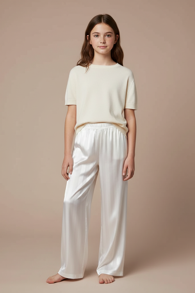Pantalon Fluide Blanc Rayé Satiné Ample Fille