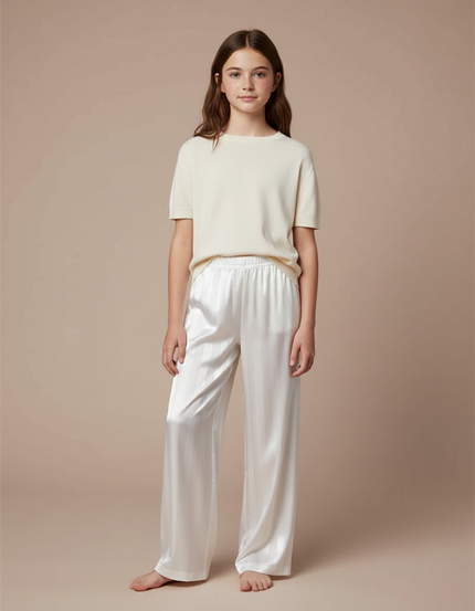 Pantalon Fluide Blanc Rayé Satiné Ample Fille