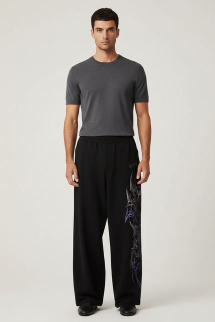 Pantalon Fluide Noir Ample Imprimé Gothique Homme - Molleton