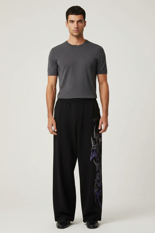 Pantalon Fluide Noir Ample Imprimé Gothique Homme - Molleton