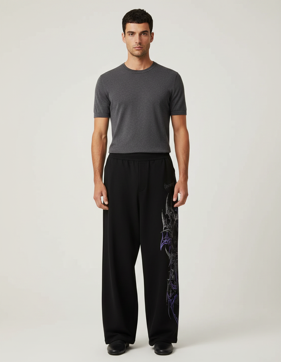 Pantalon Fluide Noir Ample Imprimé Gothique Homme - Molleton